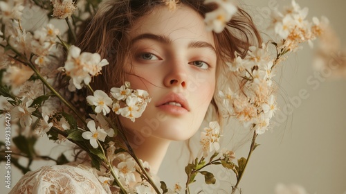 Woman Surrounded by Flowers Posing for a Photo in a Studio During Spring Season