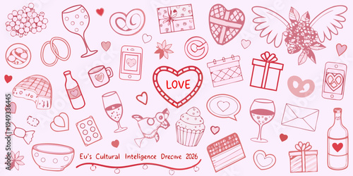 A collection of hand drawn romantic symbols and valentine s day elements