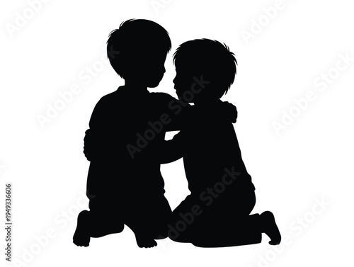 Silhouette of two young children embracing, conveying friendship, support, and childhood innocence in a simple black vector graphic on a white background