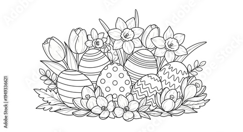 Easter Eggs and Spring Flowers Coloring Page Outline