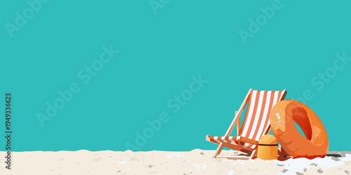 A beach chair and orange life preserver sit on sandy shore