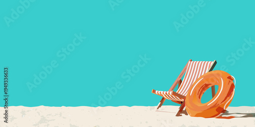A beach chair and orange life preserver on a sandy shore