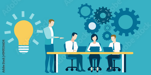 Team collaboration generates innovative ideas with gears and a lightbulb
