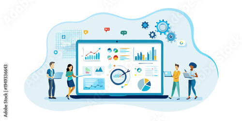 Team collaborating on data analysis and business strategies with a laptop