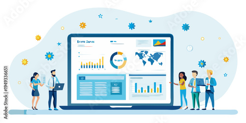 Team collaborating around a laptop displaying data analytics and world map