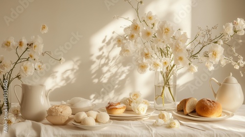 Fresh Bread and Sweet Treats With Flowers on a Dining Table in a Sunlit Room