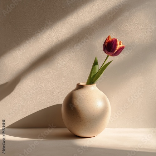 Single Tulip in a Simple Vase on a Light Background With Shadows During Daytime