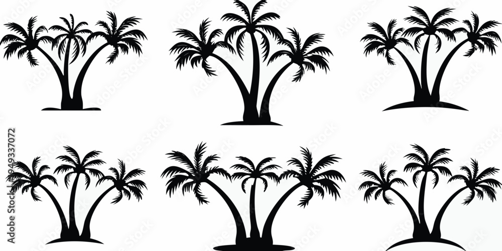 Fototapeta premium Collection of silhouetted palm trees against a plain white background