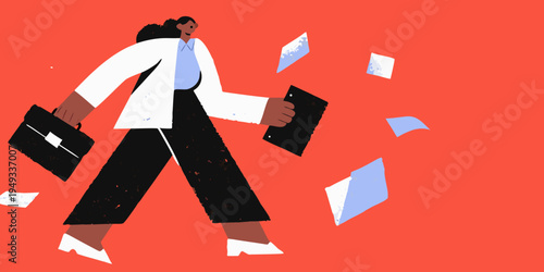 A businesswoman walks amidst flying papers illustrating a chaotic workday
