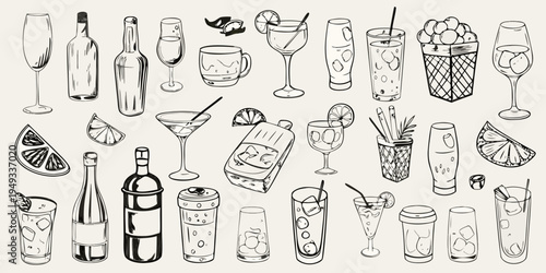A collection of hand drawn glassware and citrus fruit illustrations