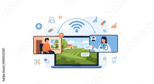 Rural Telemedicine: Doctor Consulting Patient Remotely via Laptop Video Call. Online Medical Consultation for Healthcare Access and Digital Connectivity.