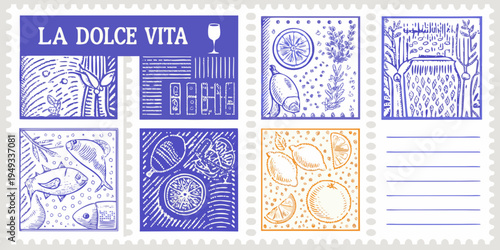 A collection of postage stamps featuring italian food and lifestyle