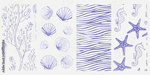 Delicate blue and white illustration of marine life and coastal elements