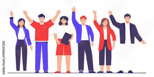 Diverse group of people raising hands in a celebratory gesture