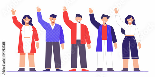 A group of diverse people raising their hands in a celebratory pose