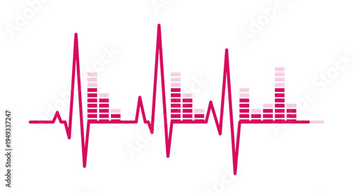 Pink electrocardiogram waveform with audio equalizer bars, representing sound waves and heartbeat rhythm