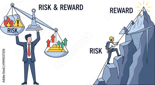Business risk and reward concept vector illustration featuring businessman balancing scale and climber reaching mountain peak for financial strategy and success achievement themes.