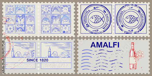 Collection of vintage style postage stamps featuring various designs