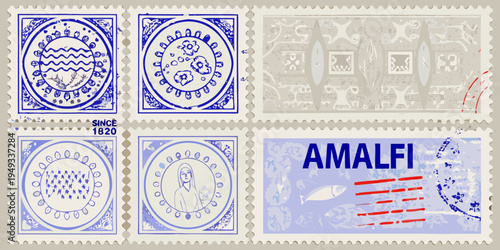 Collection of vintage postage stamps with ornate designs and lettering