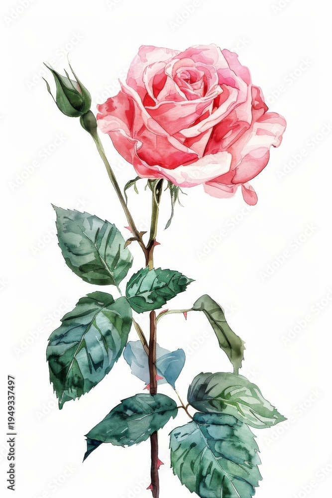 Obraz premium Beautiful pink rose with delicate petals and lush green leaves elegantly arranged against a pristine white background