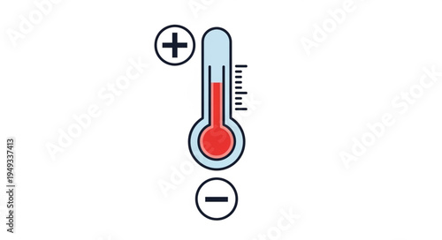 Thermometer showing high temperature with plus and minus signs.