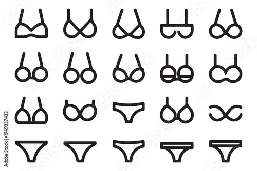 Set of Women's Underwear and Lingerie Outline Icons with Different Bra and Panty Designs