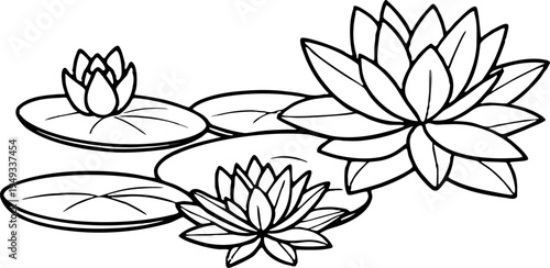 A detailed black and white illustration of water lilies. The image is centered with a large, fully bloomed water lily and a smaller, closed bud on the left side. Several lily pads are scattered, surro