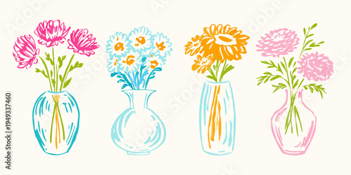 Colorful hand drawn floral arrangements in vases a charming botanical illustration