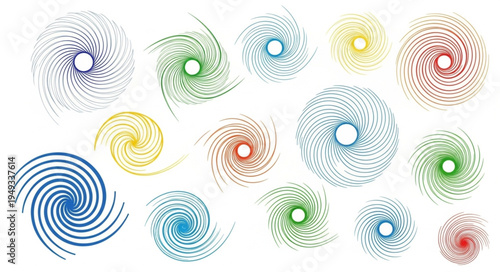 Collection of abstract colorful swirling vortex shapes.