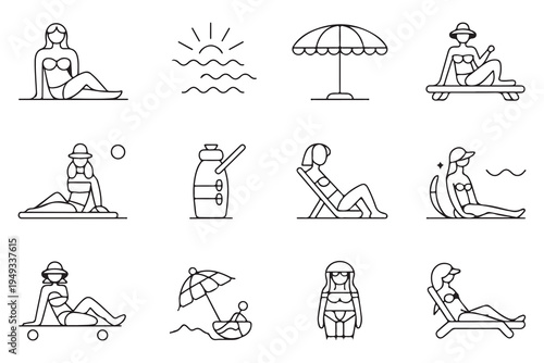 Summer Vacation and Beach Life Line Art Icon Collection with Sunbathing Women and Umbrellas