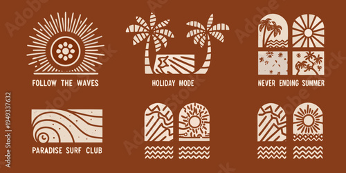 Minimalist tropical designs featuring palm trees suns and wave motifs