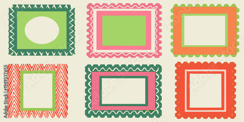 Colorful nested frames with geometric patterns and empty central spaces