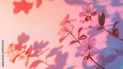 Flowers and Leaves Casting Shadows on a Pink Background During Daytime
