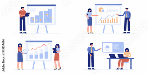 Business professionals collaborating and presenting data analysis in a modern office
