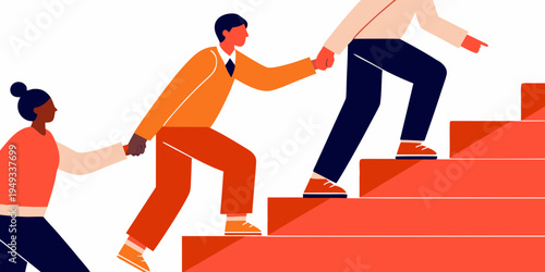 People assisting each other while climbing a set of red stairs