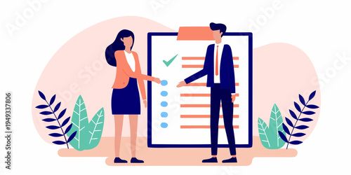 Business professionals reviewing a checklist and completing a successful task