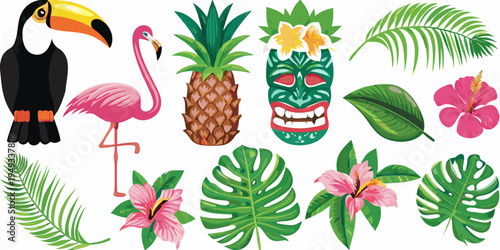 Tropical illustration featuring toucans flamingos and lush foliage