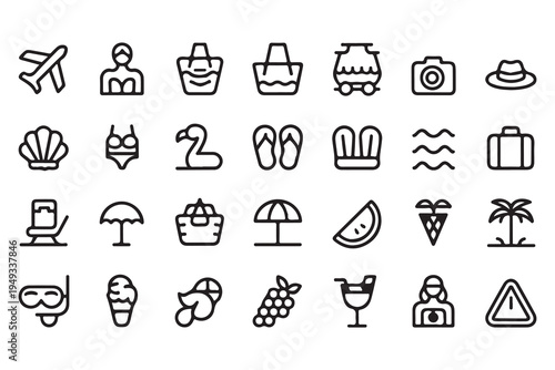 Travel and Summer Holiday Line Icon Collection - Airplane, Camera, Suitcase, Swimwear, Beach Gear, and Tropical Fruits
