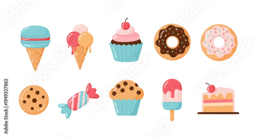 Colorful dessert assortment on white background
