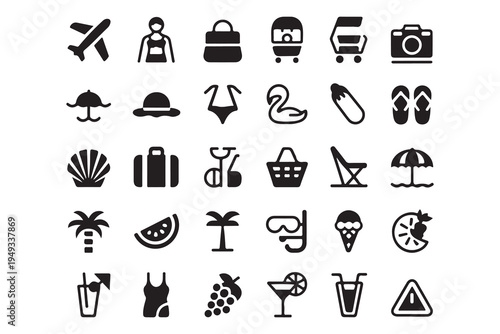 Solid Summer Vacation and Travel Icon Set - Silhouette Symbols for Beach, Tourism, and Holiday Activities