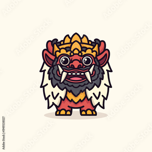 A cartoon creature with a ferocious expression and intricate designs, including sharp teeth, a mane, and decorative headgear, against a cream background