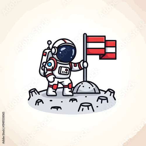 A cartoon astronaut stands on a lunar surface, planting a flag. The image is a flat illustration style with simple lines and colors. The background has a soft, textured look