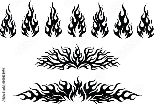 Black Fire Flame Silhouette Set, Tribal Racing Decal Graphics, Burning Heat Icons for Car Styling, Tattoo Design Elements, Vector Illustration.