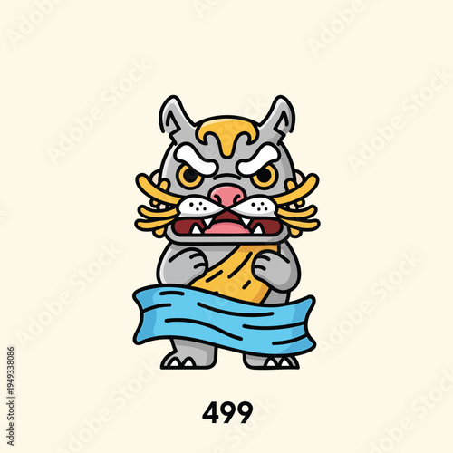A cartoon creature with a fierce expression, sharp teeth, and detailed features, holding a blue ribbon. The number 499 is below it
