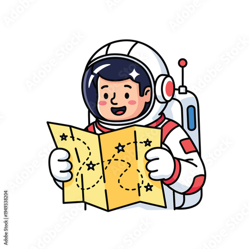 A cartoon astronaut wearing a helmet and space suit joyfully consults a yellow map adorned with stars and dashed lines