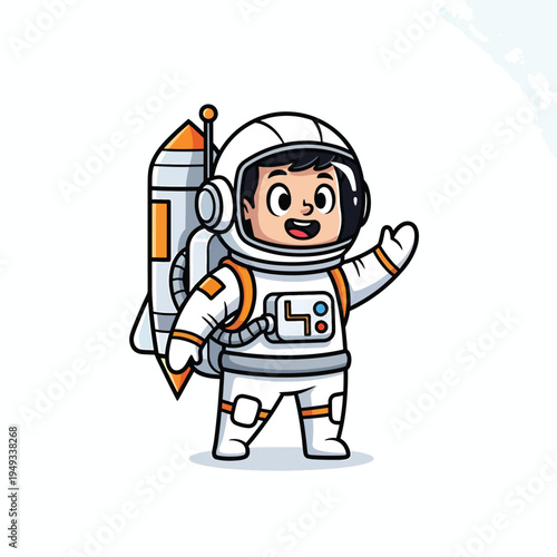 A cartoon astronaut waving, wearing a white spacesuit with orange accents, helmet, and jetpack on a white backdrop
