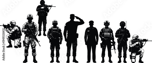 Military Soldier Silhouette Set, Tactical Infantry Army Poses, Saluting Officer, Armed Special Forces, Veteran Memorial Graphics, Vector War Hero Illustration Elements.