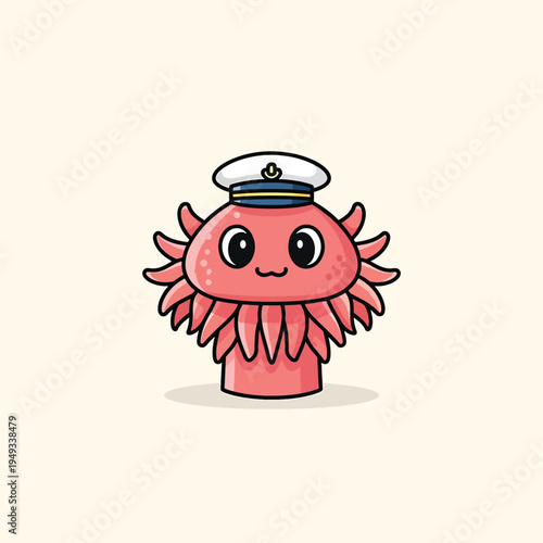 A cartoon creature with a round pink body, large eyes, and a captain's hat, smiling. Its tentacles are stylized. It stands on a light-colored background