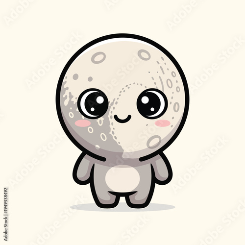 A cartoon creature with a moon-like face and body, sporting big eyes and a simple smile, standing against a beige backdrop