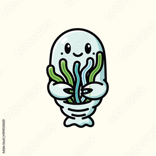 A cartoon creature with an egg-shaped head, holding what looks like seaweed. The illustration is simple, with rounded shapes and a friendly expression